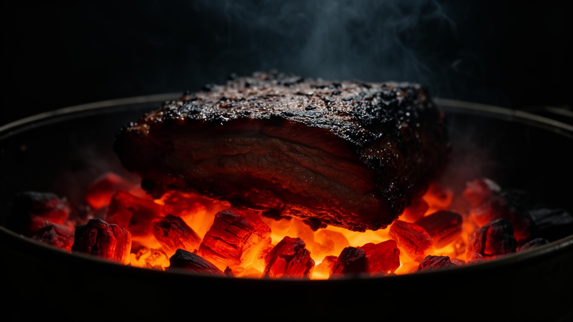 Glowing coals beneath a brisket in a steel barrel smoker